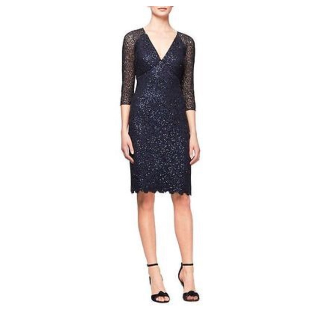 NWT $520 Kay Unger New York Sequined Mesh Sheath‎ Dress Navy [SZ 12 ]